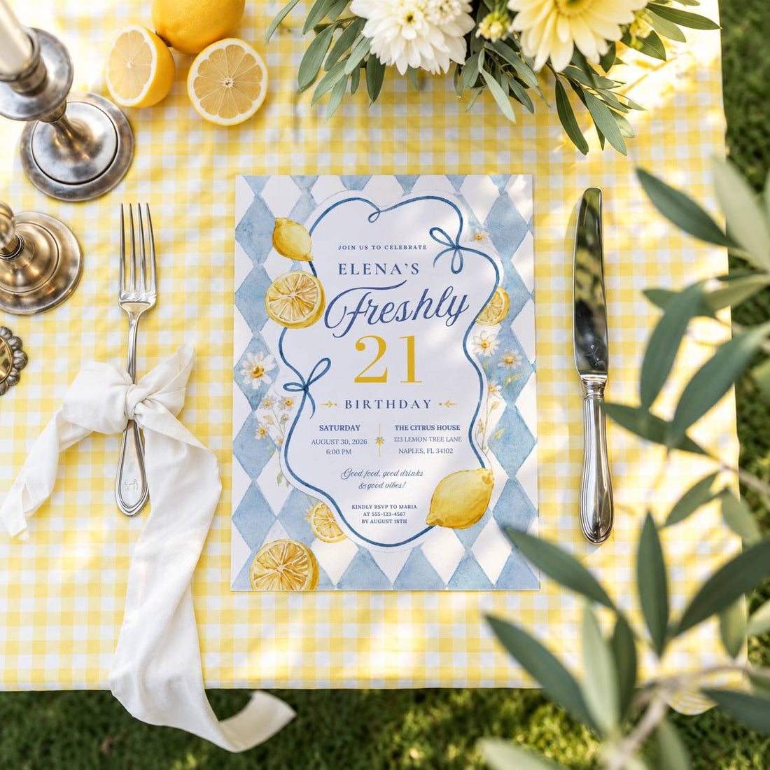 Freshly 21 lemon birthday invitation template shown on a yellow gingham table setting with lemons and daisies