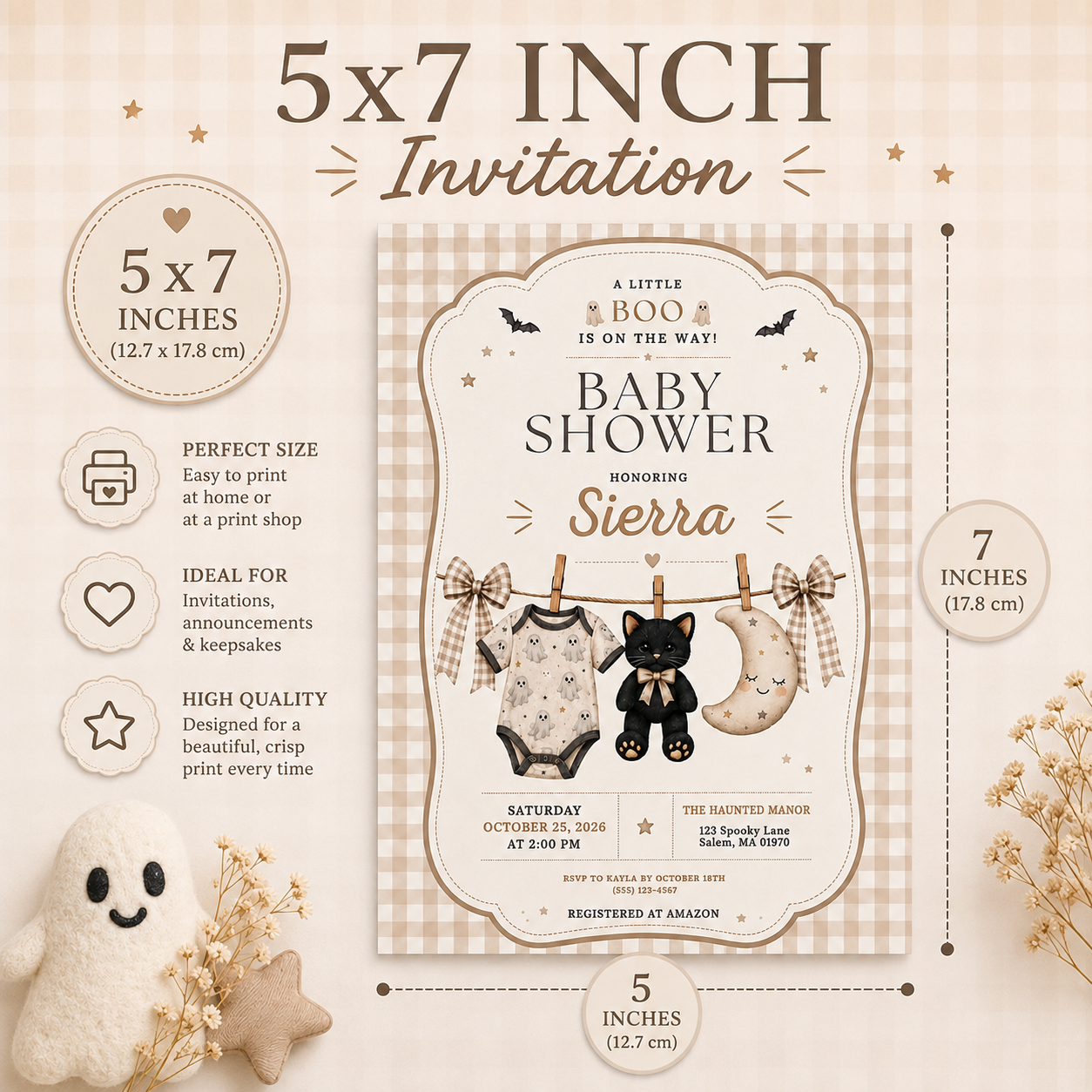 Little Boo baby shower invitation size guide showing a card measuring 5 inches wide by 7 inches tall.