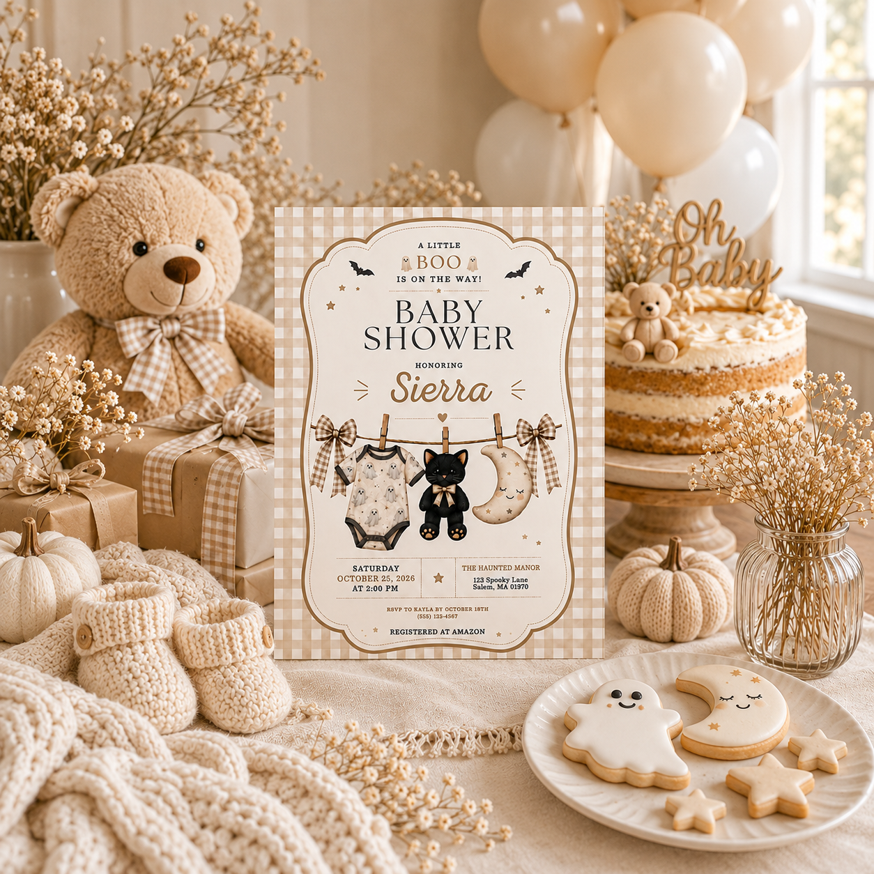 Little Boo baby shower invitation displayed beside a teddy bear, cake, cream balloons and ghost-shaped cookies.