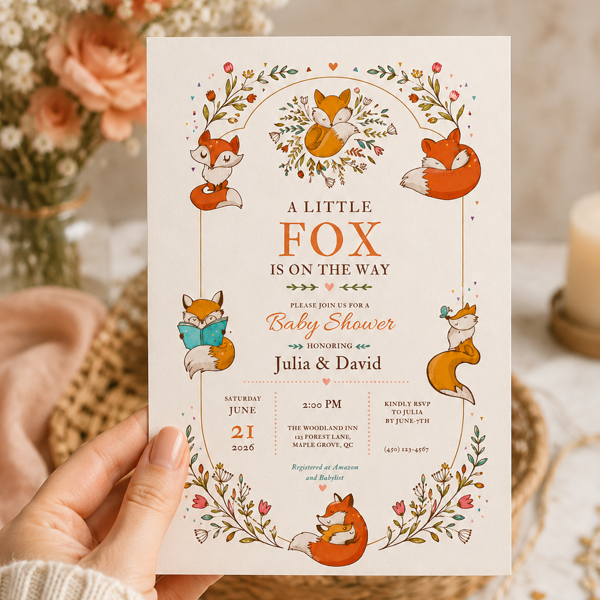 Hand holding a woodland fox baby shower invitation with orange lettering and a delicate floral border.