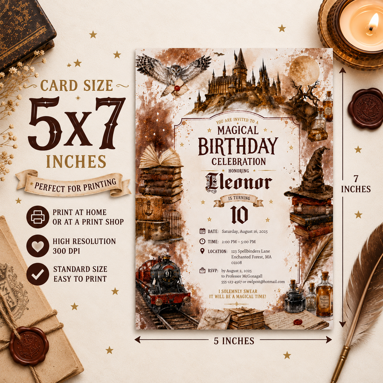 A 5x7 inch printable birthday invitation card template shown on a styled beige background with vintage props. The card features a sepia-toned wizarding castle, owl, train, potion bottle, and parchment textures.
