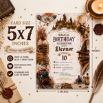 A 5x7 inch printable birthday invitation card template shown on a styled beige background with vintage props. The card features a sepia-toned wizarding castle, owl, train, potion bottle, and parchment textures.