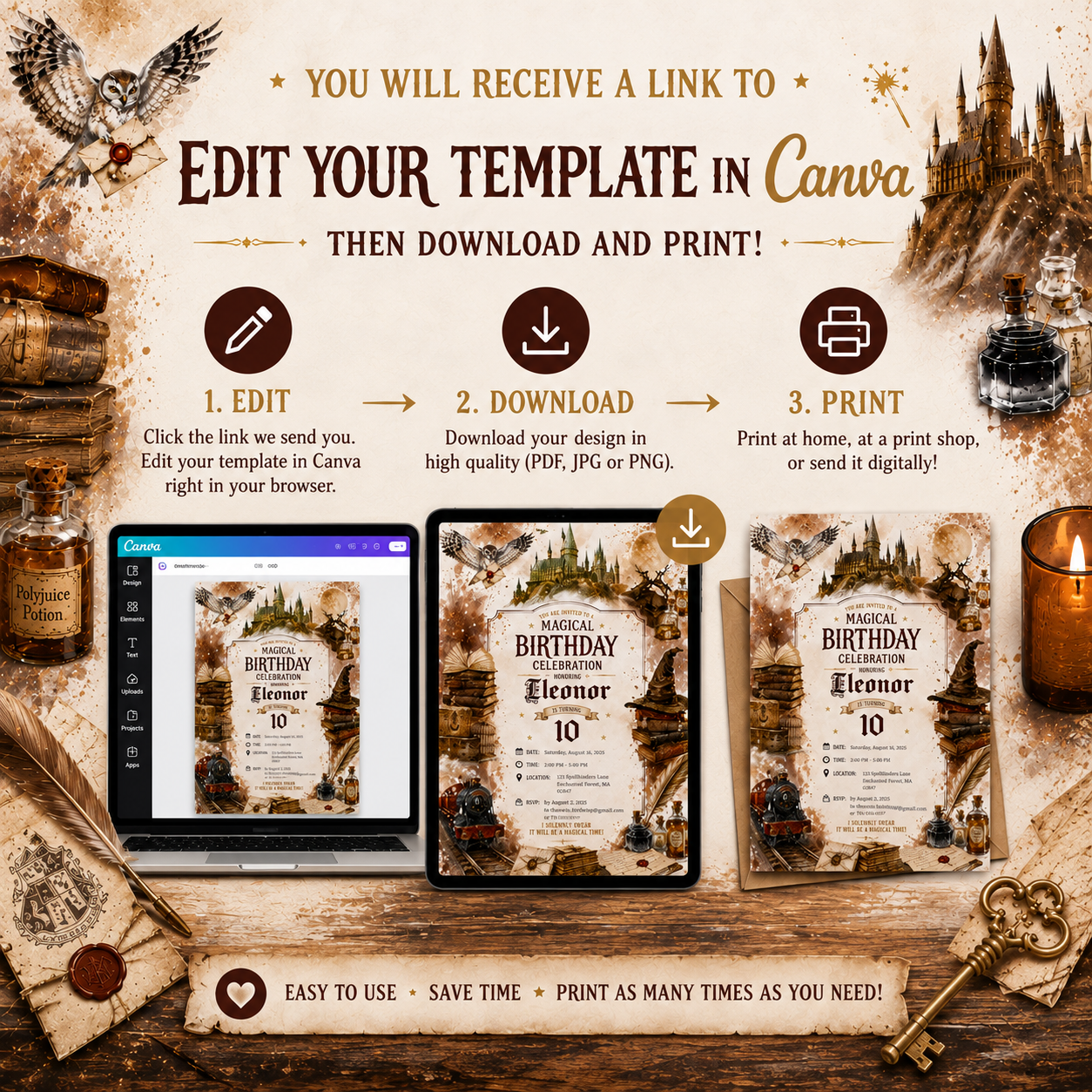 Gaphic for a customizable birthday invitation template. The design features a rustic, vintage Harry Potter theme with owl illustrations, a key, an ink bottle, and parchment paper.