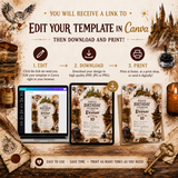 Gaphic for a customizable birthday invitation template. The design features a rustic, vintage Harry Potter theme with owl illustrations, a key, an ink bottle, and parchment paper.