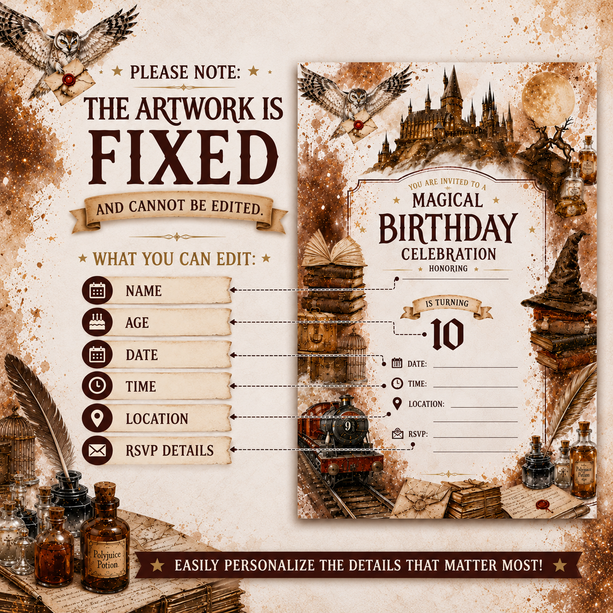 Graphic for a wizard-themed birthday invitation template. The right side shows the invitation design with Hogwarts castle, owl, potion bottles, and fill-in lines for name, age, date, time, location, and RSVP details.