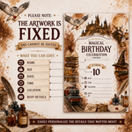 Graphic for a wizard-themed birthday invitation template. The right side shows the invitation design with Hogwarts castle, owl, potion bottles, and fill-in lines for name, age, date, time, location, and RSVP details.