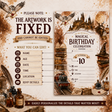 Graphic for a wizard-themed birthday invitation template. The right side shows the invitation design with Hogwarts castle, owl, potion bottles, and fill-in lines for name, age, date, time, location, and RSVP details.