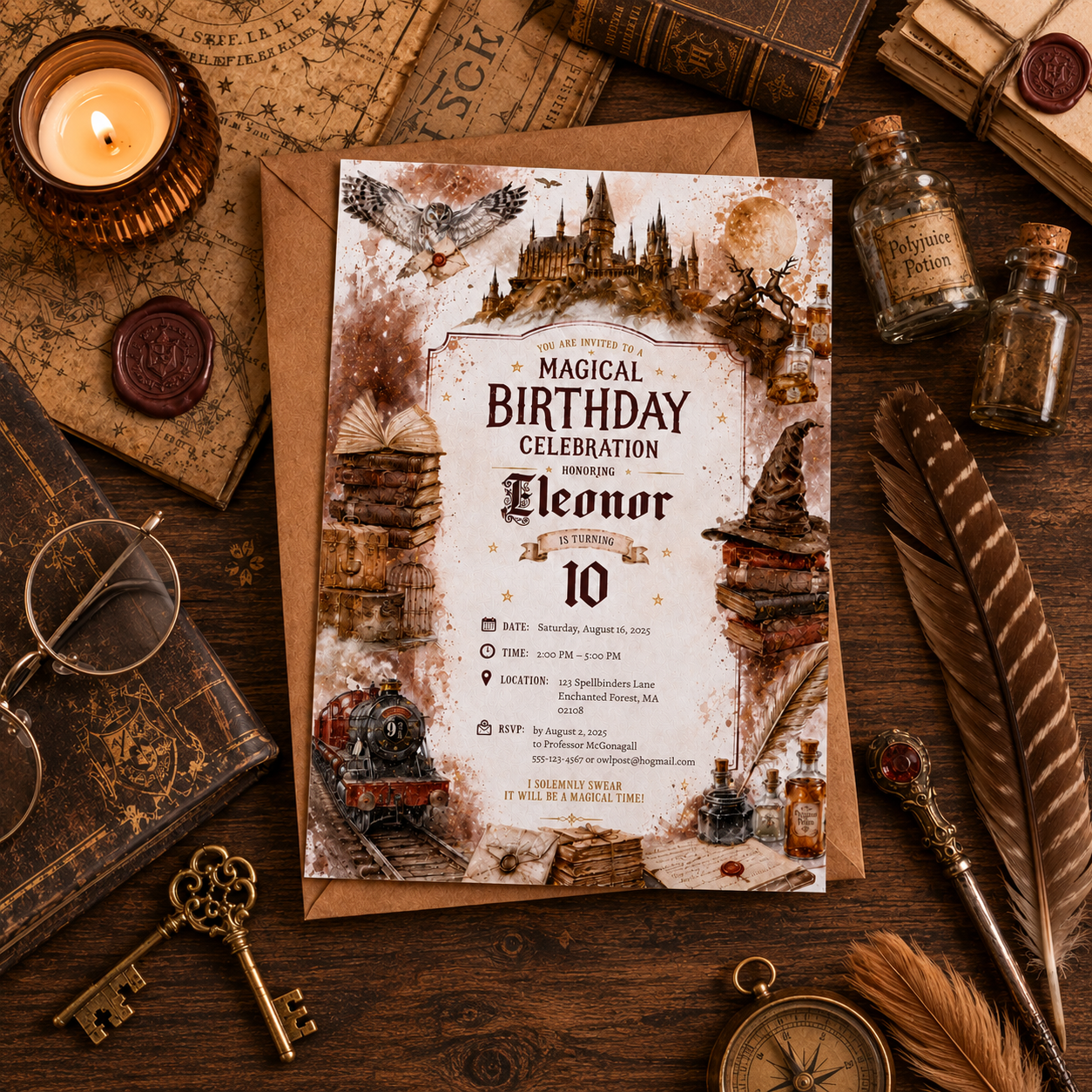 A styled flat-lay of a Harry Potter themed 10th birthday invitation card on a brown kraft envelope, surrounded by vintage props including a candle, old books, a key, glasses, a compass, and a feather on a dark wooden table.