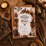 A styled flat-lay of a Harry Potter themed 10th birthday invitation card on a brown kraft envelope, surrounded by vintage props including a candle, old books, a key, glasses, a compass, and a feather on a dark wooden table.