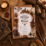 A styled flat-lay of a Harry Potter themed 10th birthday invitation card on a brown kraft envelope, surrounded by vintage props including a candle, old books, a key, glasses, a compass, and a feather on a dark wooden table.