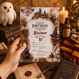 A hand holds a Harry Potter themed birthday invitation card featuring Hogwarts, a train, and magical illustrations. The background is a cozy, styled desk with candles, a potion bottle, a owl figurine, and a key.