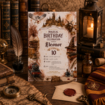A Hogwarts-themed birthday invitation card styled on a rustic wooden table with vintage books, a lantern, a feather quill, a map, a wax seal, and a Gryffindor scarf.