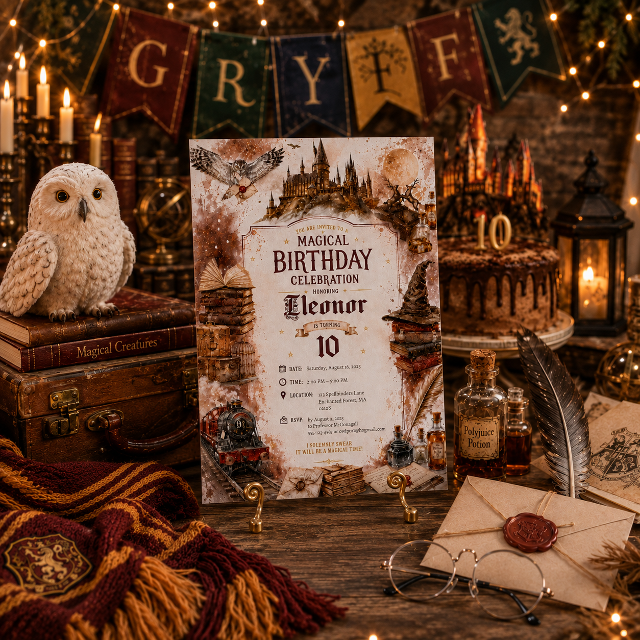 A styled Harry Potter themed 10th birthday invitation card displayed on a wooden table, surrounded by themed props including a Gryffindor banner, candles, an owl figurine, a potion bottle, glasses, and a Hogwarts cake in the background.