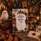 A styled Harry Potter themed 10th birthday invitation card displayed on a wooden table, surrounded by themed props including a Gryffindor banner, candles, an owl figurine, a potion bottle, glasses, and a Hogwarts cake in the background.