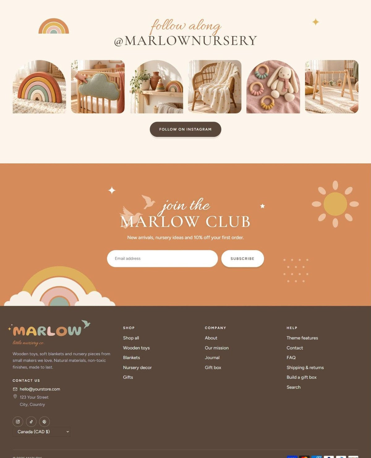 MARLOW Instagram, newsletter and footer #page