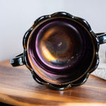 Vintage grape and cable carnival glass biscuit jar with shimmering iridescence