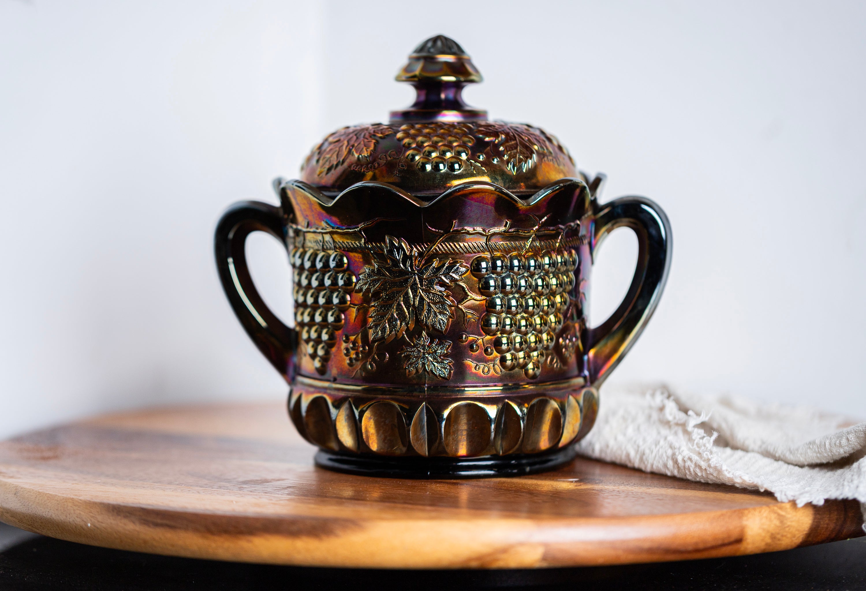 Early American Pattern Glass Northwood covered biscuit jar with iridescent finish