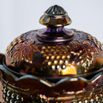 Vintage iridescent purple carnival glass covered dish with lid and double handles