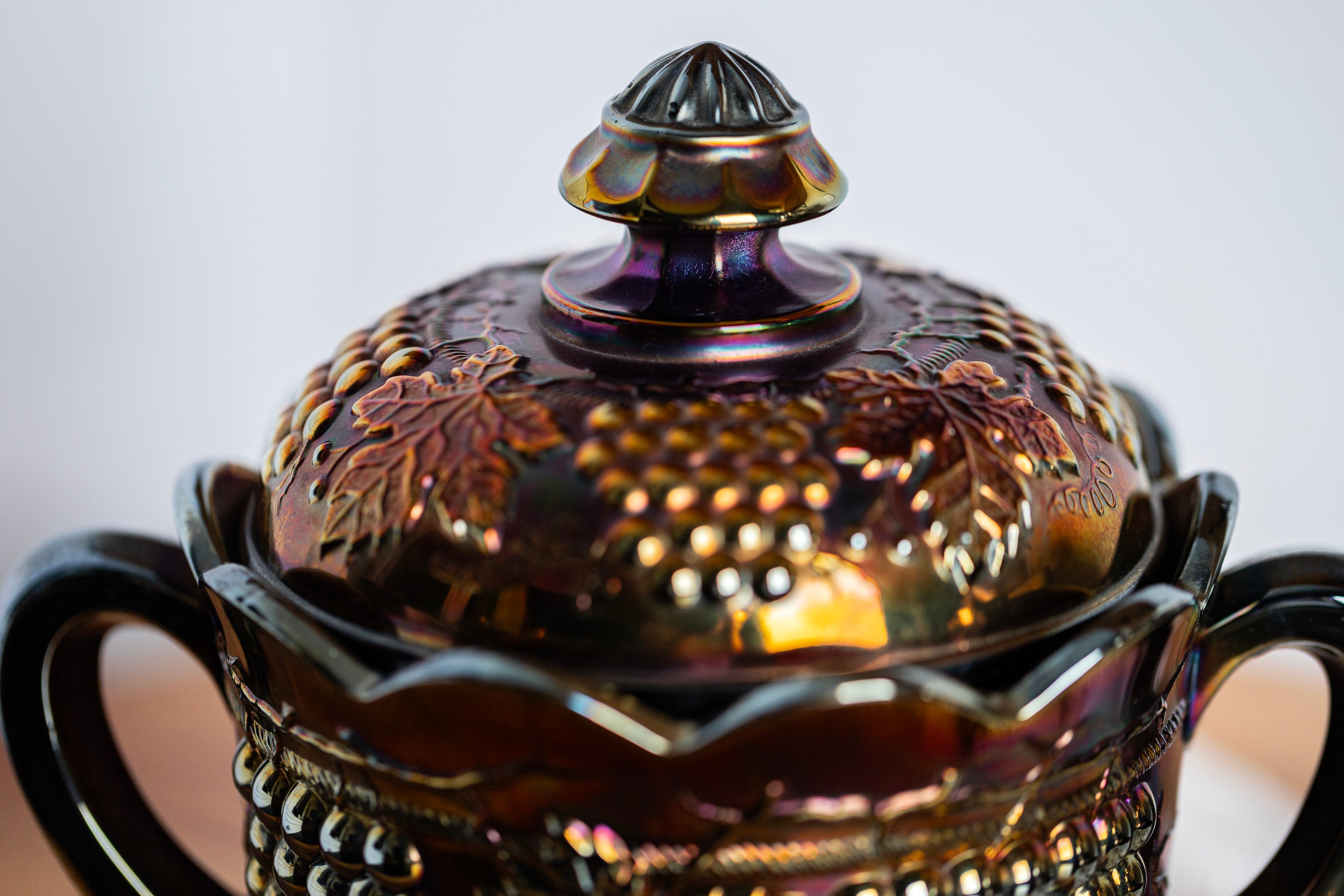 Vintage iridescent purple carnival glass covered dish with lid and double handles