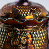 Purple iridescent carnival glass covered bowl for Victorian cottagecore decor