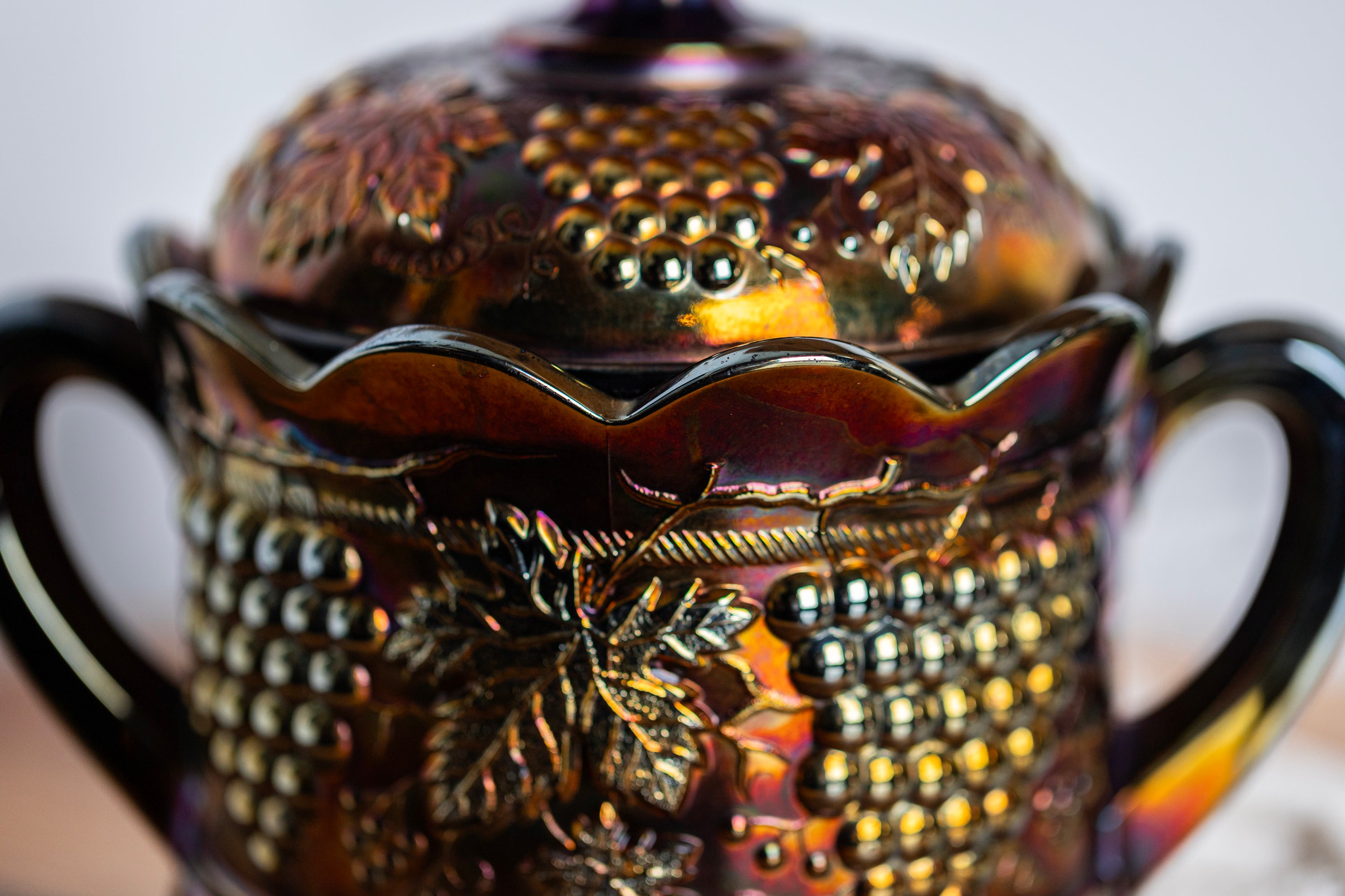 Purple iridescent carnival glass covered bowl for Victorian cottagecore decor
