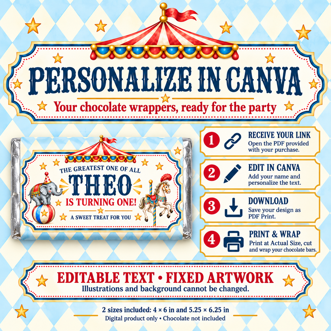 Receive your template link, edit the text in Canva, download, print and wrap. Illustrations and background are fixed.