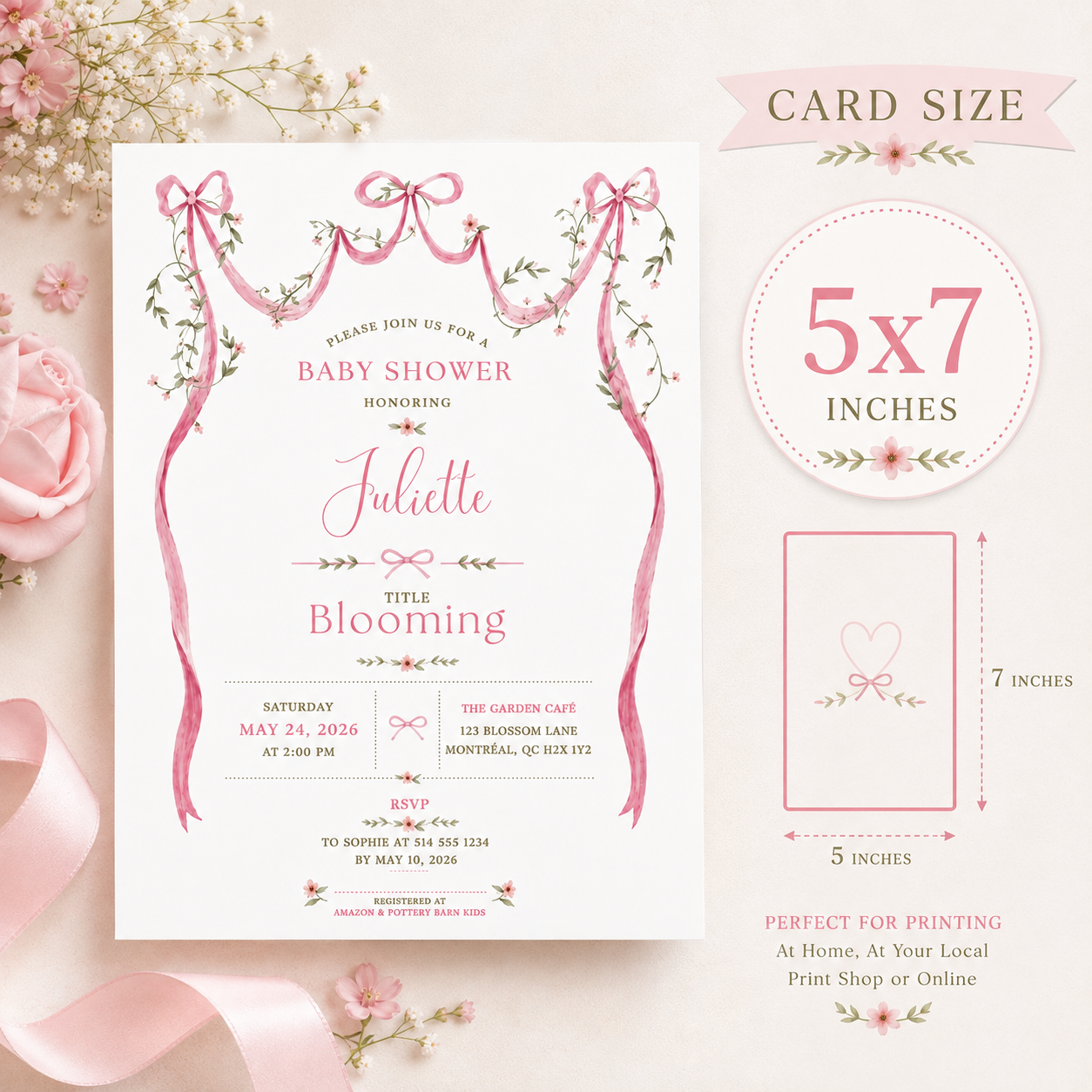 Baby shower invitation size guide showing a 5 × 7-inch card with watercolor pink bows and floral garlands.