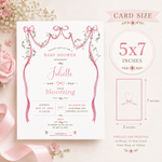 Baby shower invitation size guide showing a 5 × 7-inch card with watercolor pink bows and floral garlands.