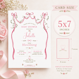 Baby shower invitation size guide showing a 5 × 7-inch card with watercolor pink bows and floral garlands.