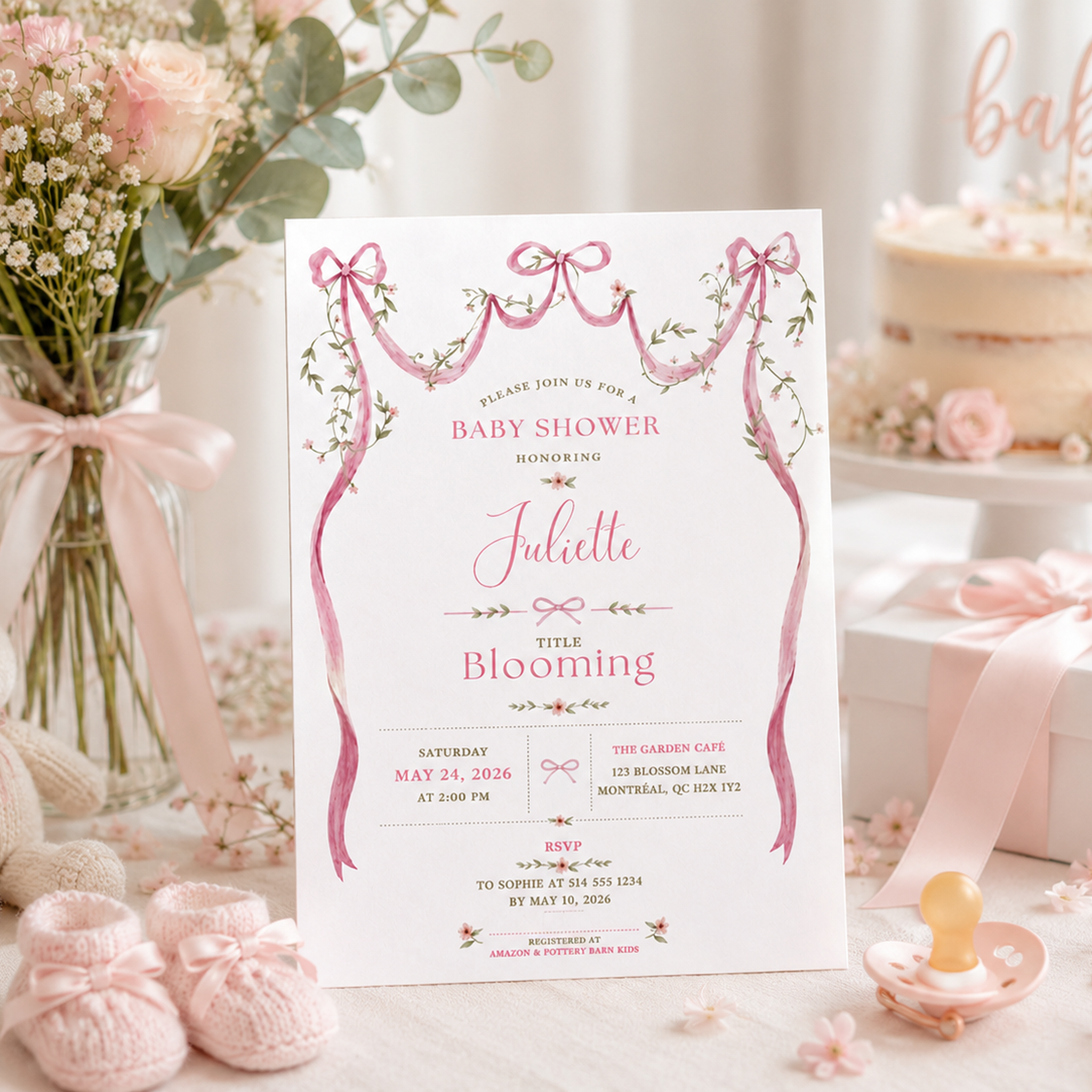 Pink bow baby shower invitation displayed beside flowers, a cake, wrapped gifts and knitted baby booties.