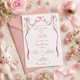 Pink bow baby shower invitation arranged with a blush envelope, roses, ribbon and a knitted bunny.