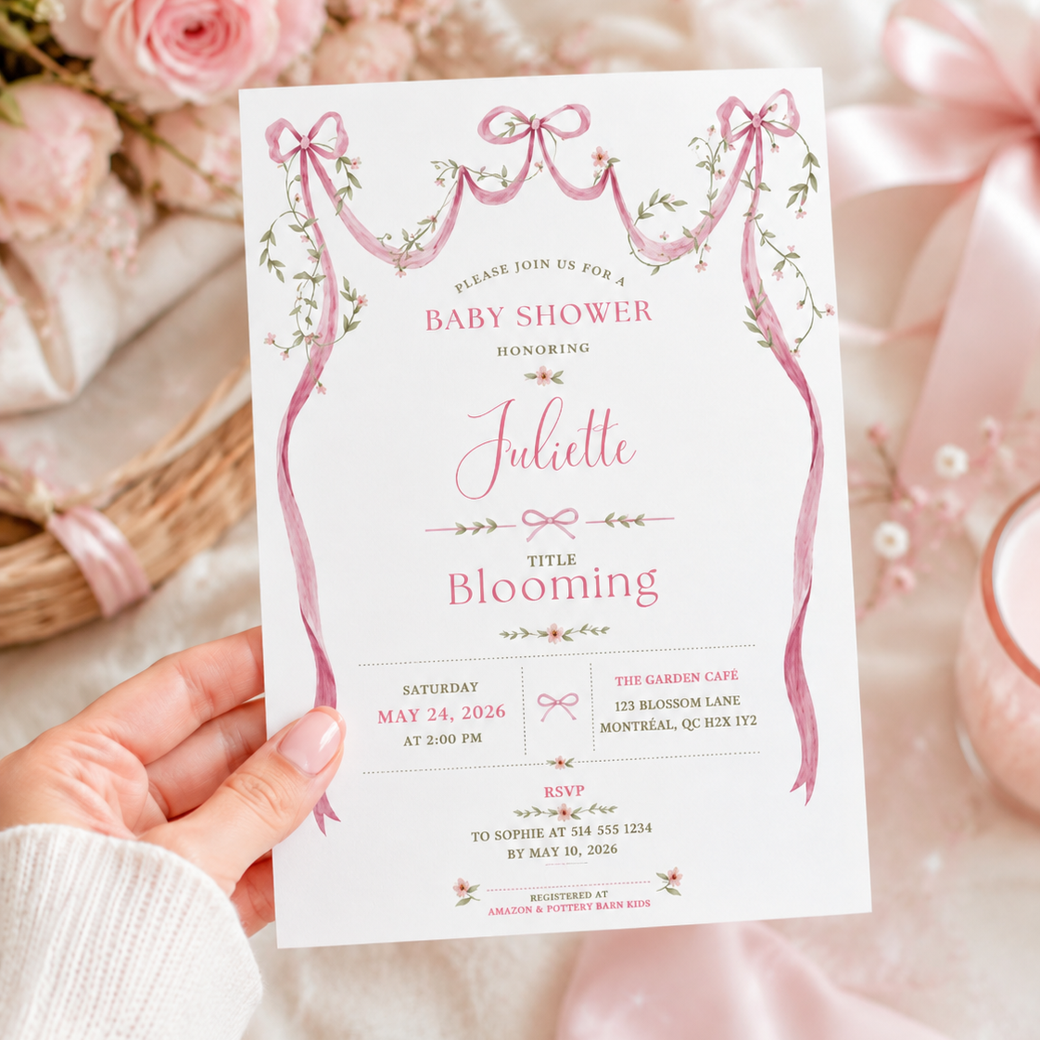 Hand holding a baby shower invitation featuring pink watercolor ribbon bows, delicate flowers and personalized text.