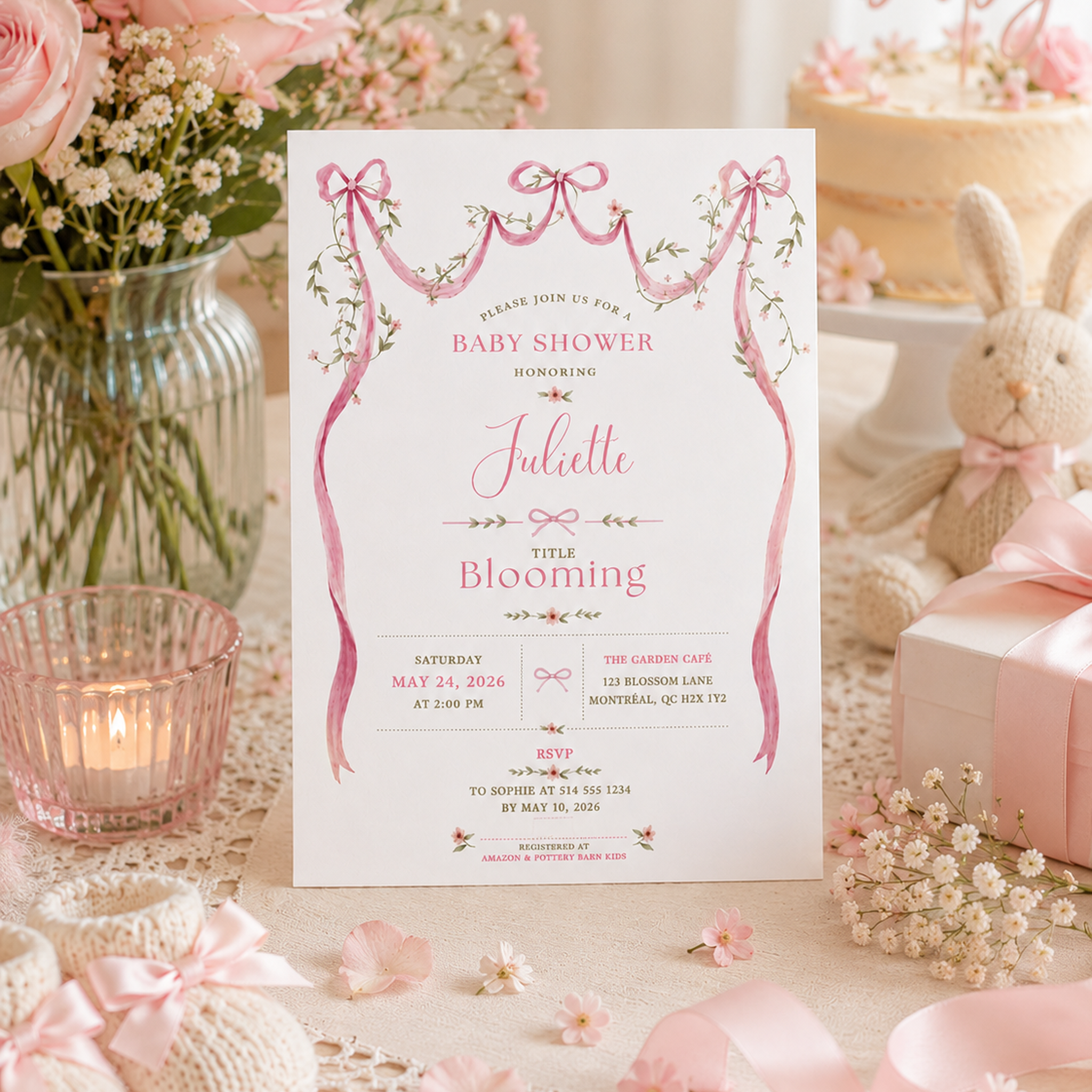 Pink bow baby shower invitation standing on a decorated table with roses, a candle, a knitted bunny and pastel gifts.