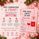 Wine Christmas Party Invitation Template | Editable Canva Pink Holiday Invite