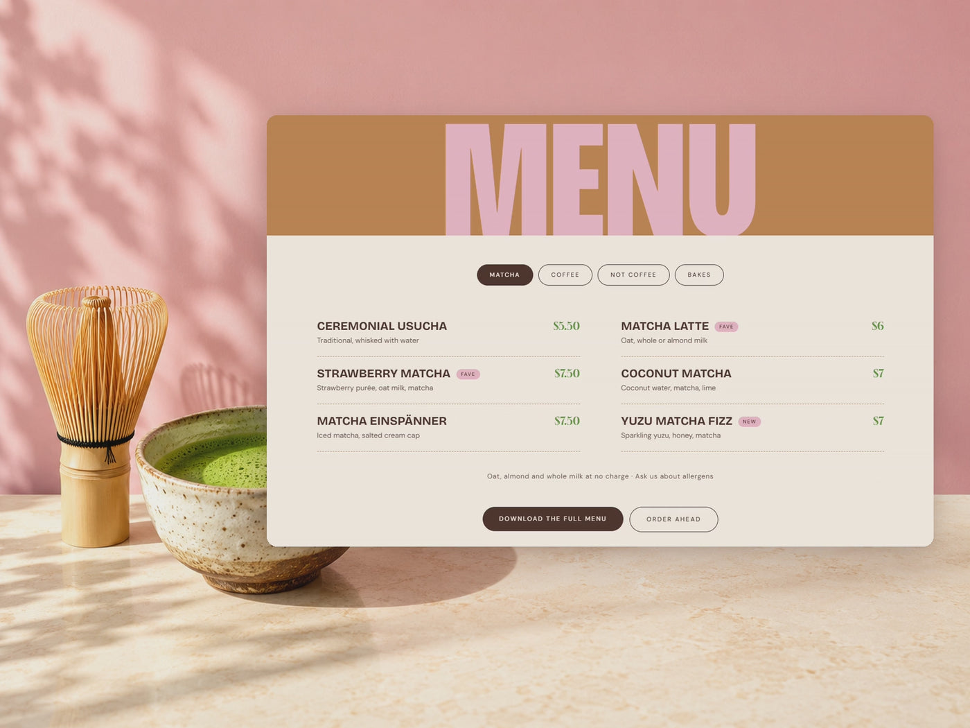 Tabbed menu | Matcha, coffee, not-coffee and bakes in tidy tabs, with prices and little badges. #feature