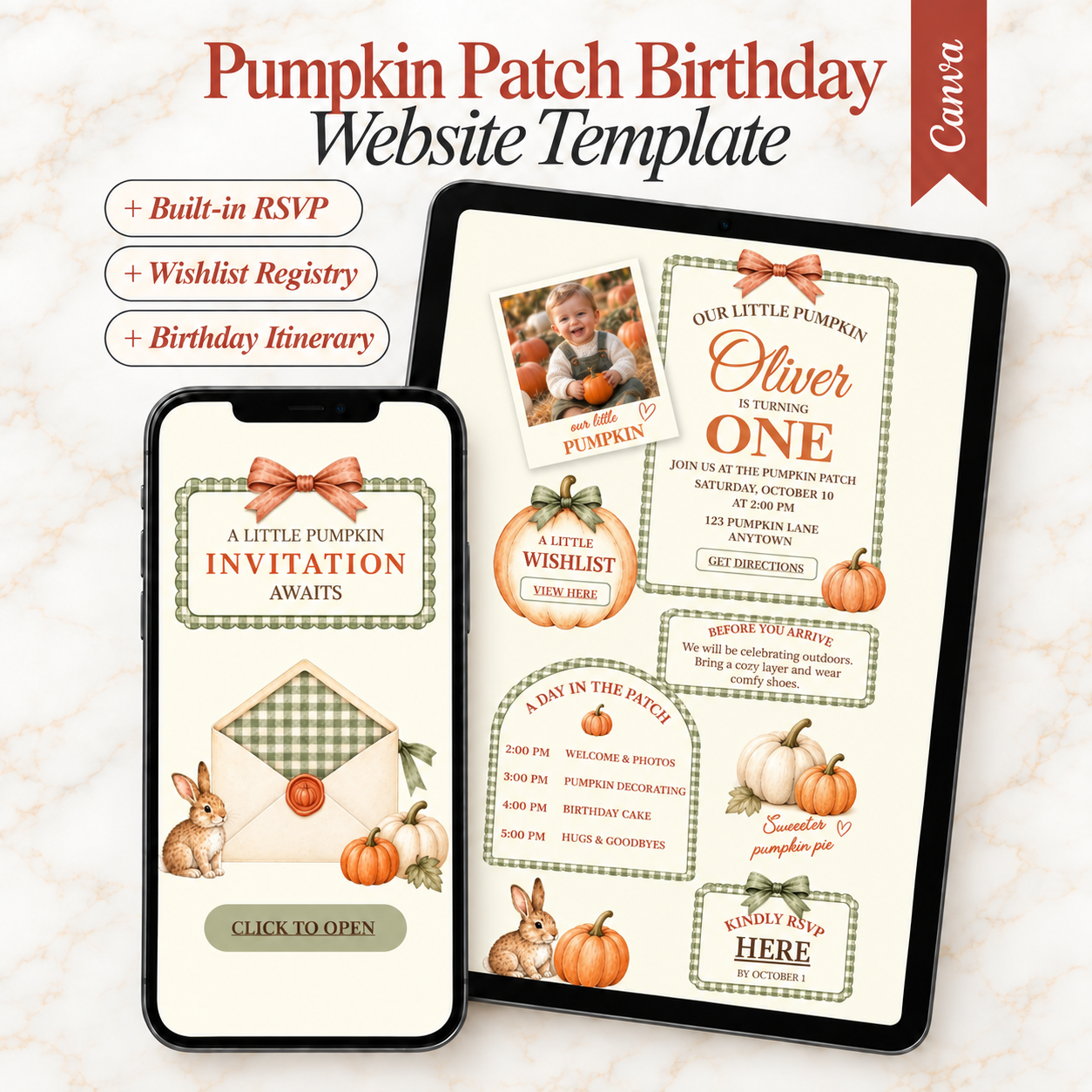 Pumpkin patch first birthday Canva website invitation on phone and tablet, featuring sage gingham, watercolor pumpkins, a bunny, RSVP, wishlist and itinerary.
