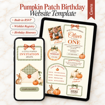 Pumpkin patch first birthday Canva website invitation on phone and tablet, featuring sage gingham, watercolor pumpkins, a bunny, RSVP, wishlist and itinerary.