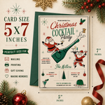 A festive Christmas cocktail party card size graphic showing a 5x7 inch invitation card design with illustrated Santa Claus figures, a green champagne bottle, martini glasses, and holiday decorations. The layout includes text noting perfect size for mailing, printing, gift giving, and making memories, with pine branches, ornaments, a gold leaf, and a red ribbon around it.