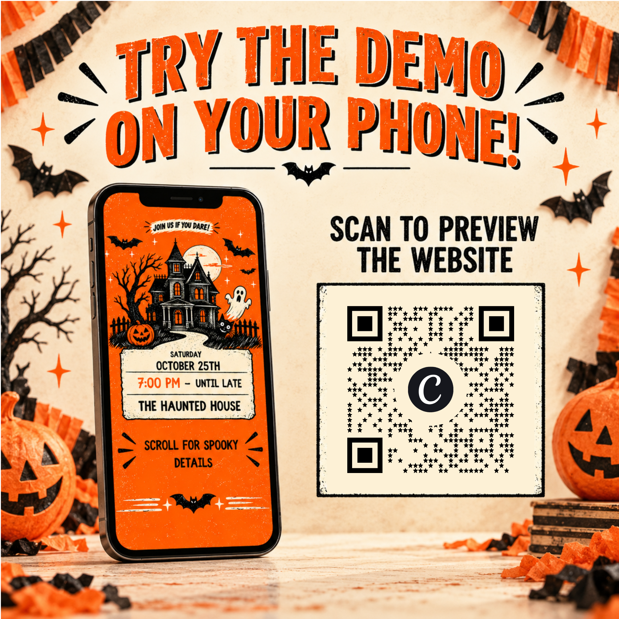 QR code and phone preview for trying the interactive retro Halloween website invitation demo on a mobile device.