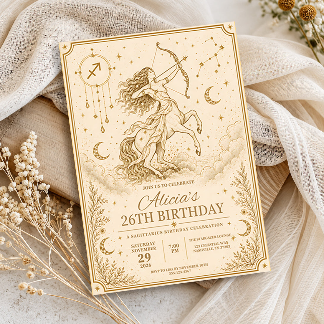 Sagittarius Birthday Invitation Template – Vintage Celestial Zodiac Invite