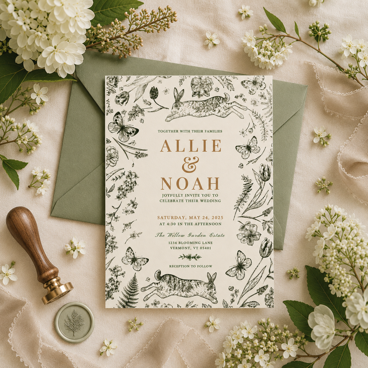 A styled flat-lay of a wedding invitation card with botanical and animal illustrations, placed on top of an olive green envelope. The scene is decorated with white flowers, green leaves, a wooden stamp handle, and a wax seal on a soft beige fabric background.