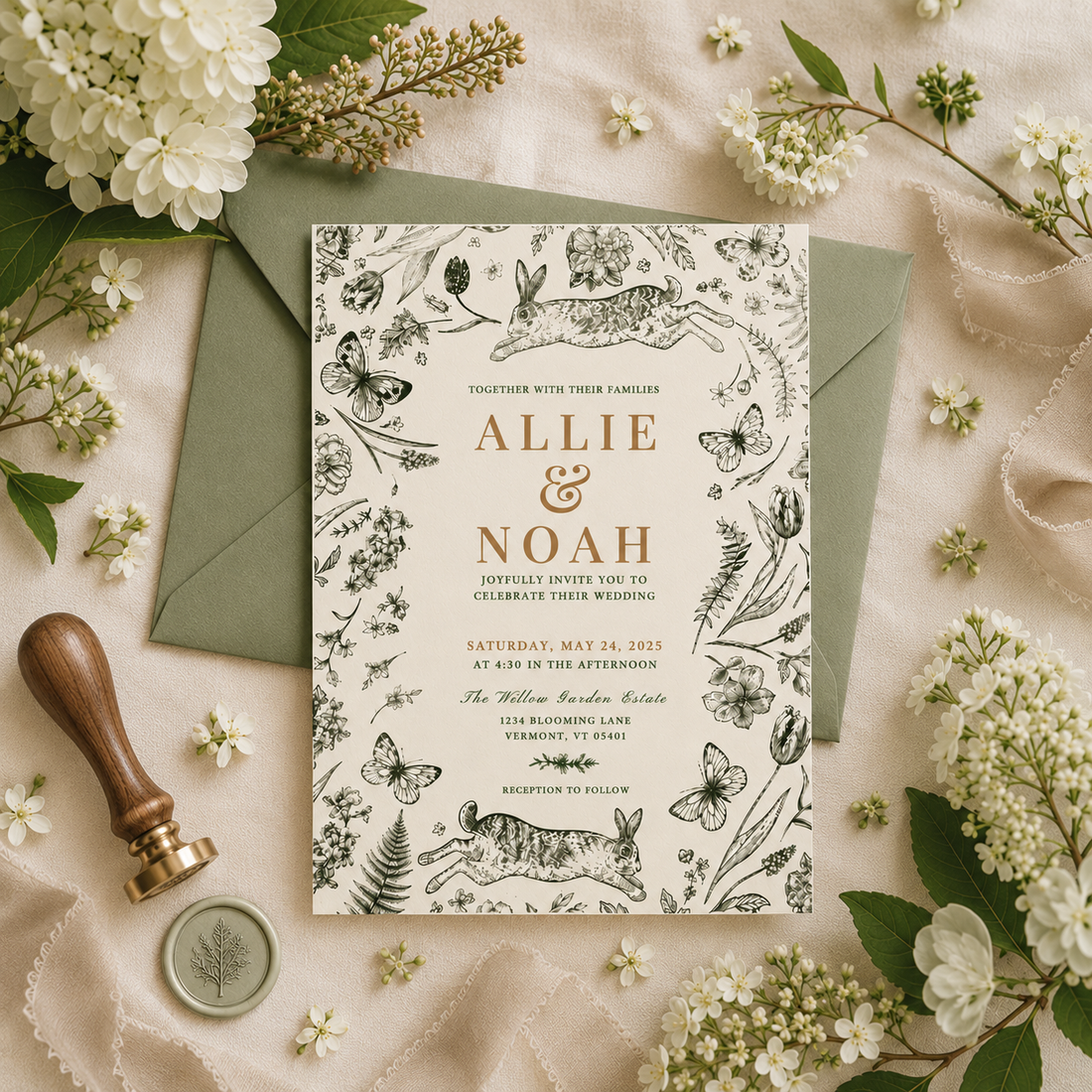 A styled flat-lay of a wedding invitation card with botanical and animal illustrations, placed on top of an olive green envelope. The scene is decorated with white flowers, green leaves, a wooden stamp handle, and a wax seal on a soft beige fabric background.