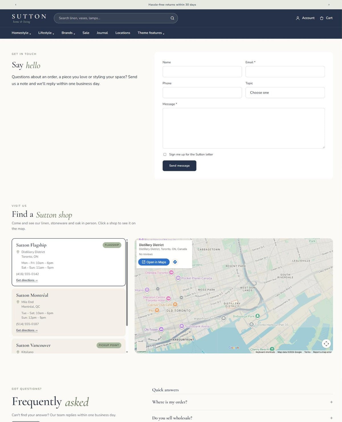 SUTTON contact page with store locator #page