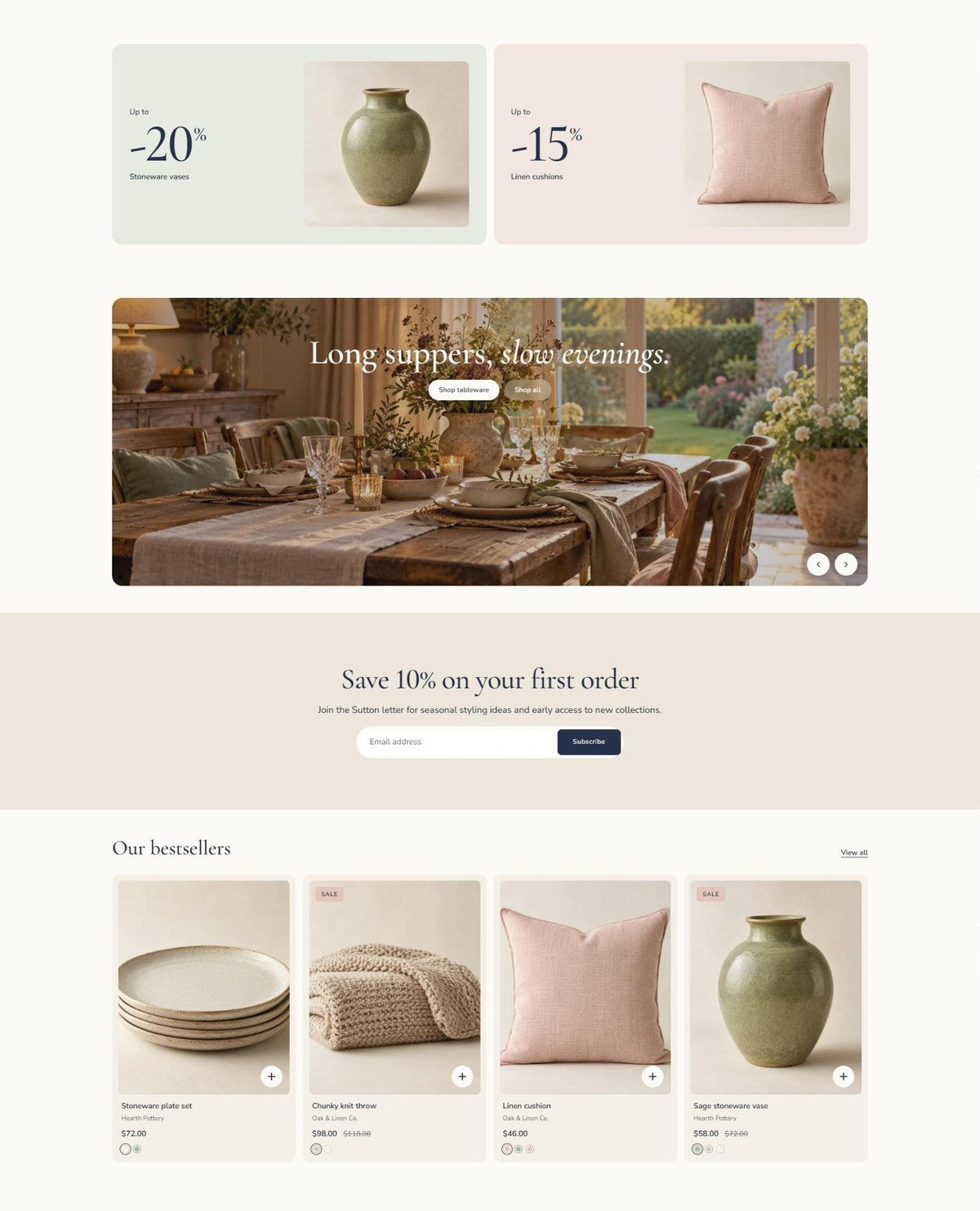 SUTTON seasonal banner and bestsellers #page