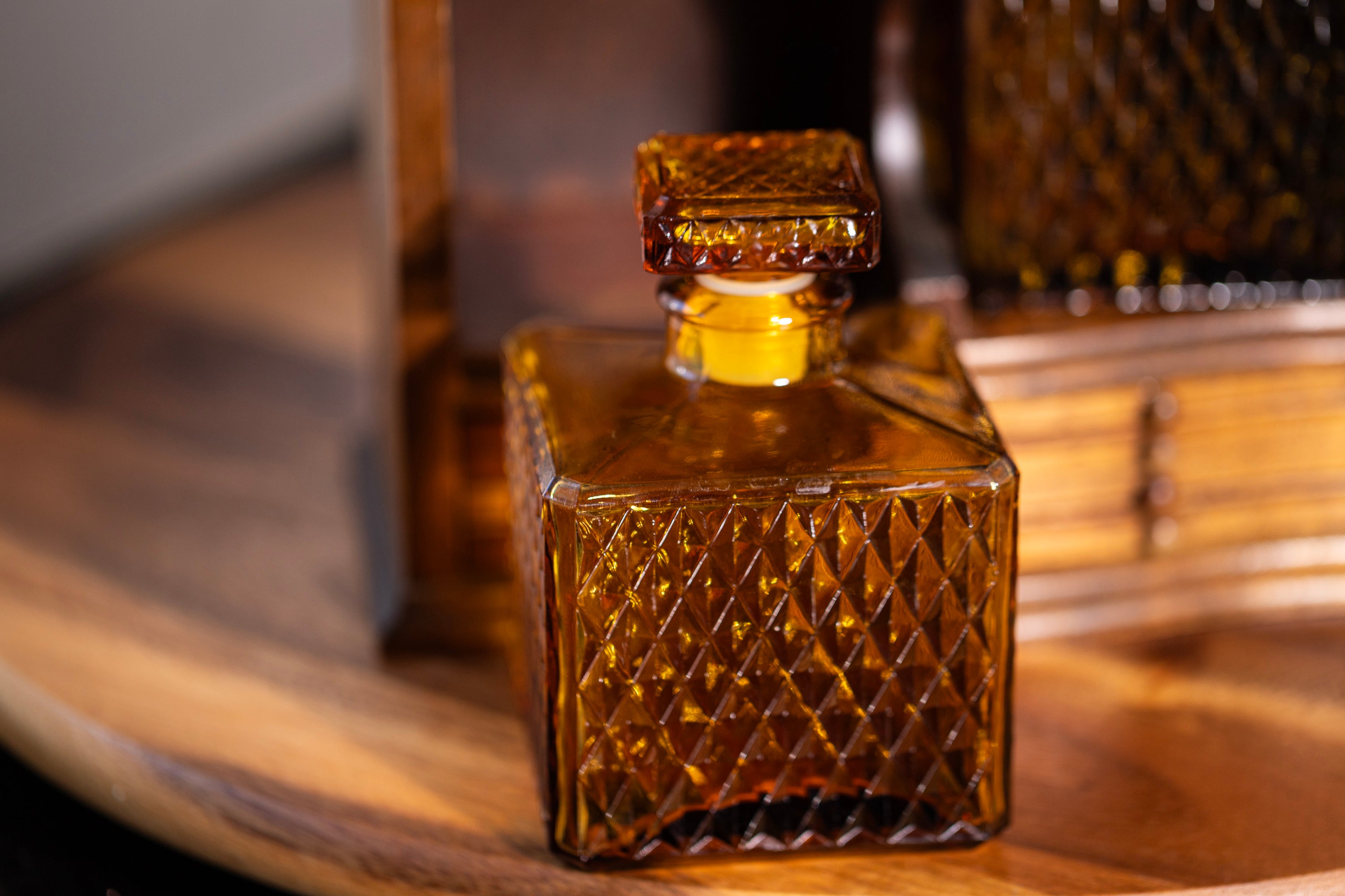 Vintage amber glass decanter set with wooden case