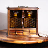 Retro amber glass whiskey decanter in wooden display box