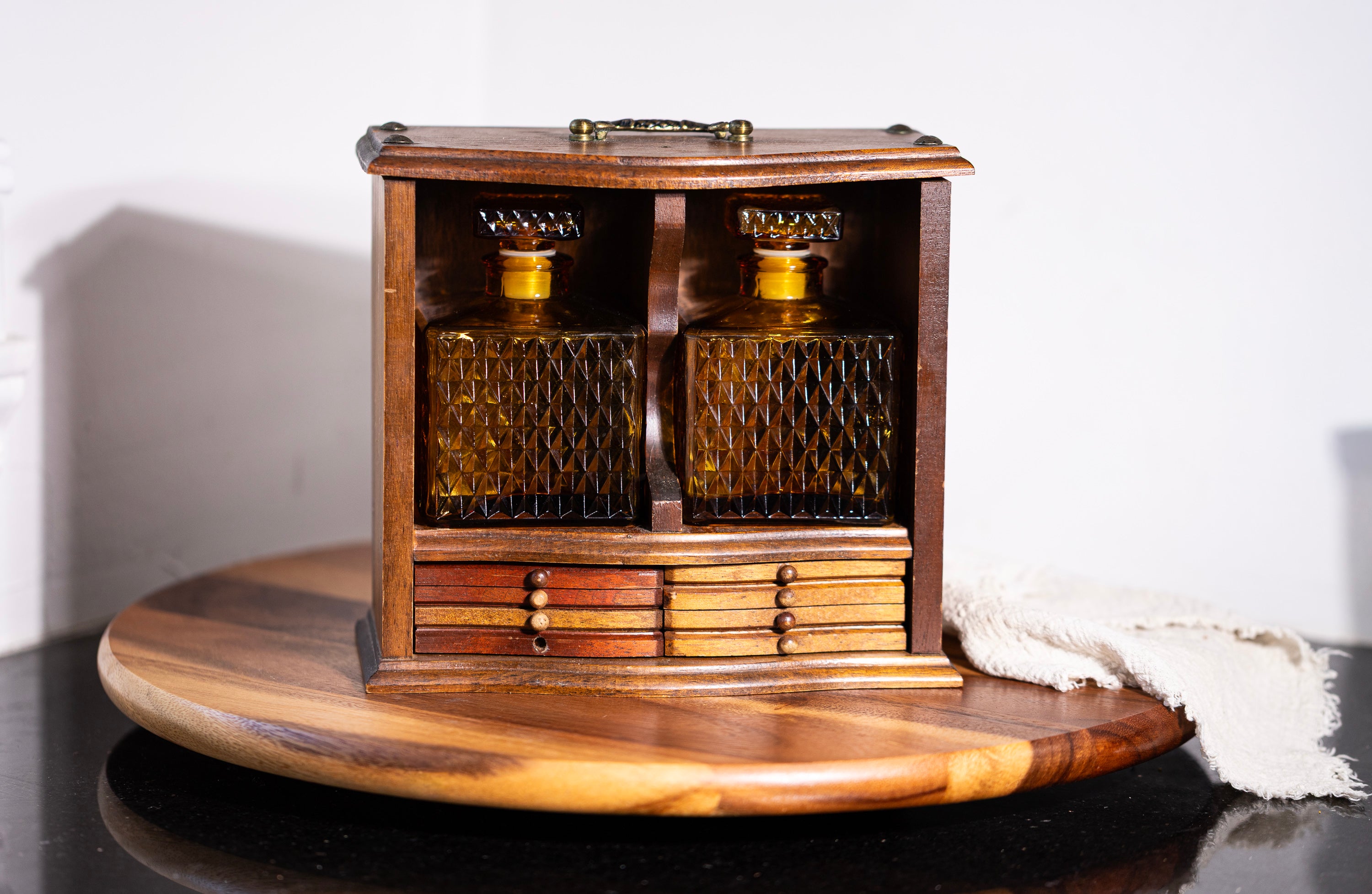 Retro amber glass whiskey decanter in wooden display box