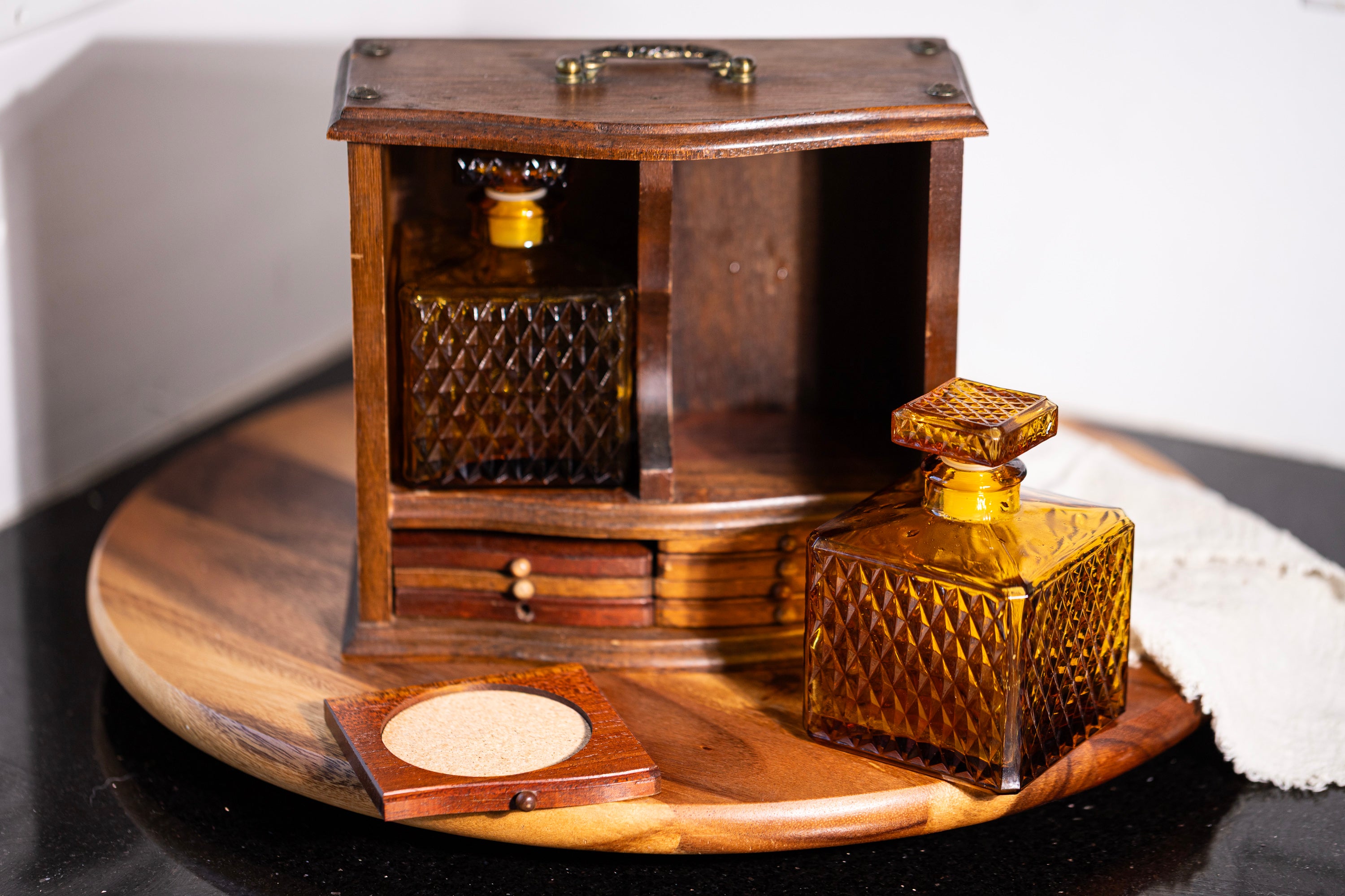 Amber glass liquor decanter for mid century decor