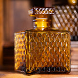 Decorative vintage decanter set styled on wooden tray