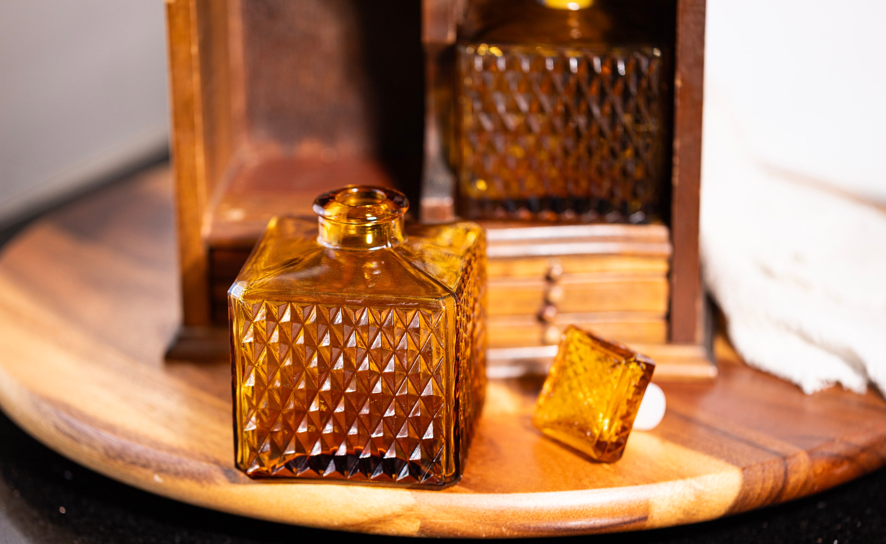 Retro whiskey decanter with wooden storage cabinet